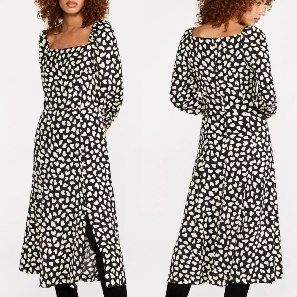 Ann Taylor NWT Black White Heart Pattern Square Neck Long Sleeve Midi Dress 4P